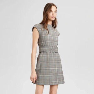 Theory Mod Belt Dress Ivory Deco Portland Plaid Size 10